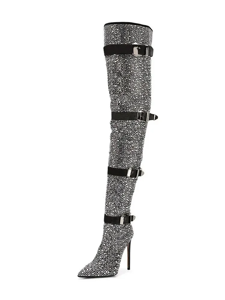 2026 Studded Crystal Rivet Boots Buckle Straps Pointed Toe Thin High Heel Over The Knee Side Zip Sexy Women Winter Party Boots