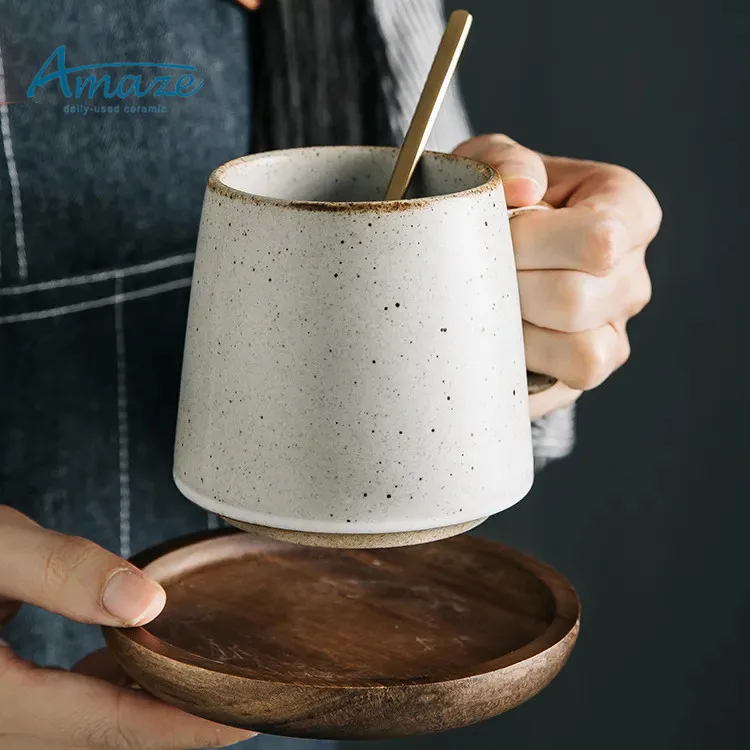 

Hot sale speckled glaze vintage daily used custom milk coffee mug ceramic tea cup sets with bamboo dish