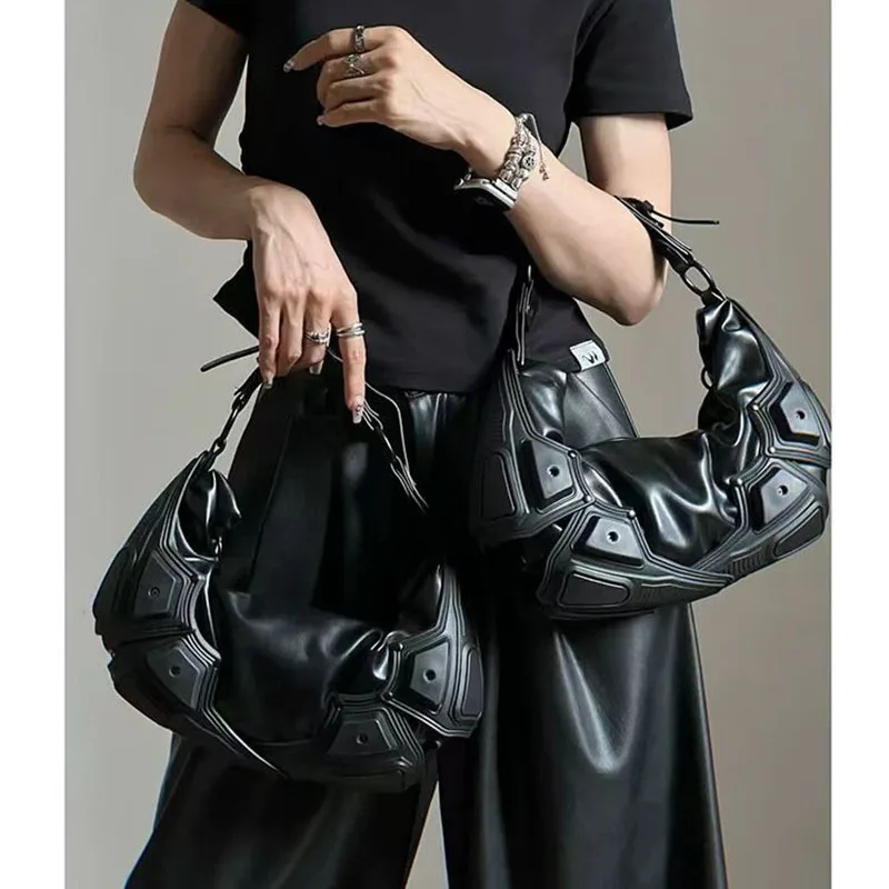 

Women Punk Shoulder Bag Vintage Underarm Bag Punk Tote Bag Girls PU Leather Armpit Bag Multipocket Female Commute Daily Bag