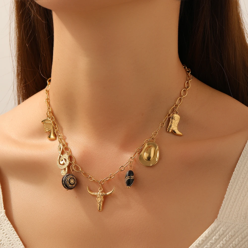 DIEYURO 316L الفولاذ المقاوم للصدأ الذهبي الثور رئيس الأحذية قبعة الموسيقية ملاحظة القرن قلادة قلادة سيدة جديدة مقاوم للماء سلسلة عنق مجوهرات #3