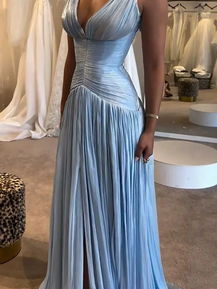 Blue Pleated V-Neck… - image