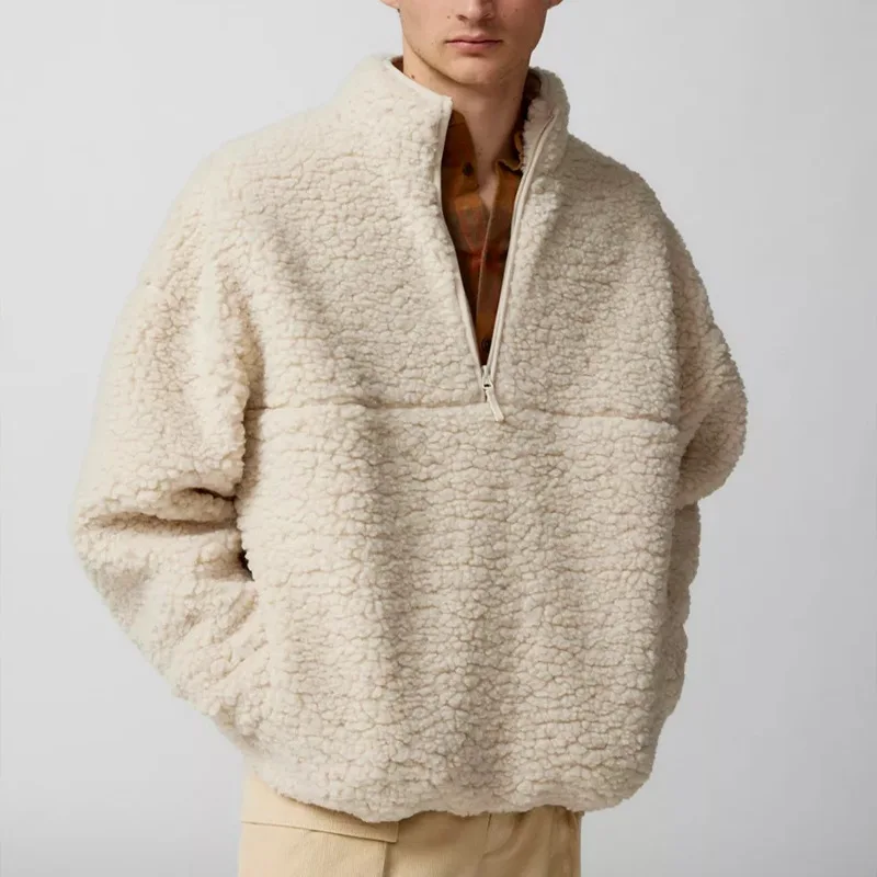 

2026 New European And American Fashion Faux Lamb Wool Solid Color Plush Stand-Up Collar Loose jacket jackets men