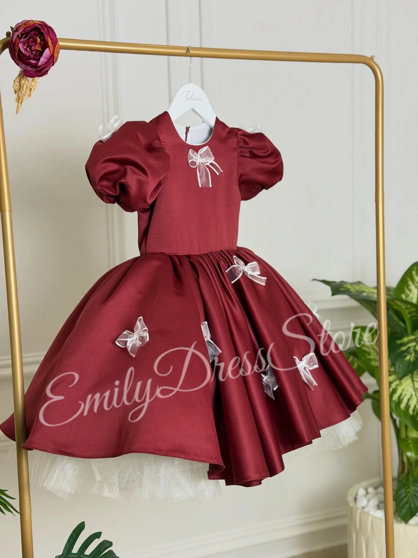 Vestido de niña de flores rojo vino personalizado para boda, lazo blanco satinado, Mini vestido hasta la rodilla para fiesta de cumpleaños de bebé, vestido de primera comunión