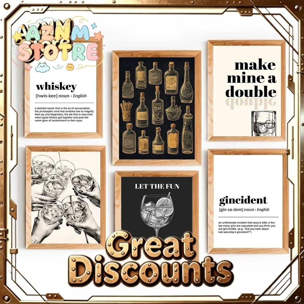 Funky Cocktails Whiskey Gin Cheers Sign Kitchen Quotes Poster Canvas Painting Wall Art Pictures Preppy Home Bar Decor