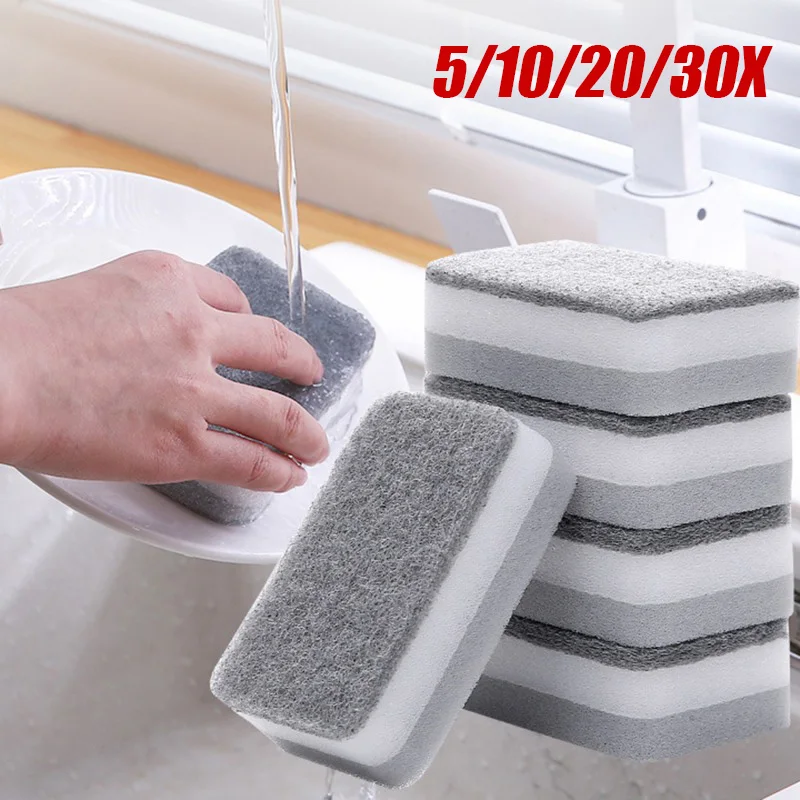 

5/30PCS Home Double-sided Sponge Wipe Gray Dirt-resistant Scouring Pad Kitchen Stain Sponge Wipe Professional Cleaning Supplies