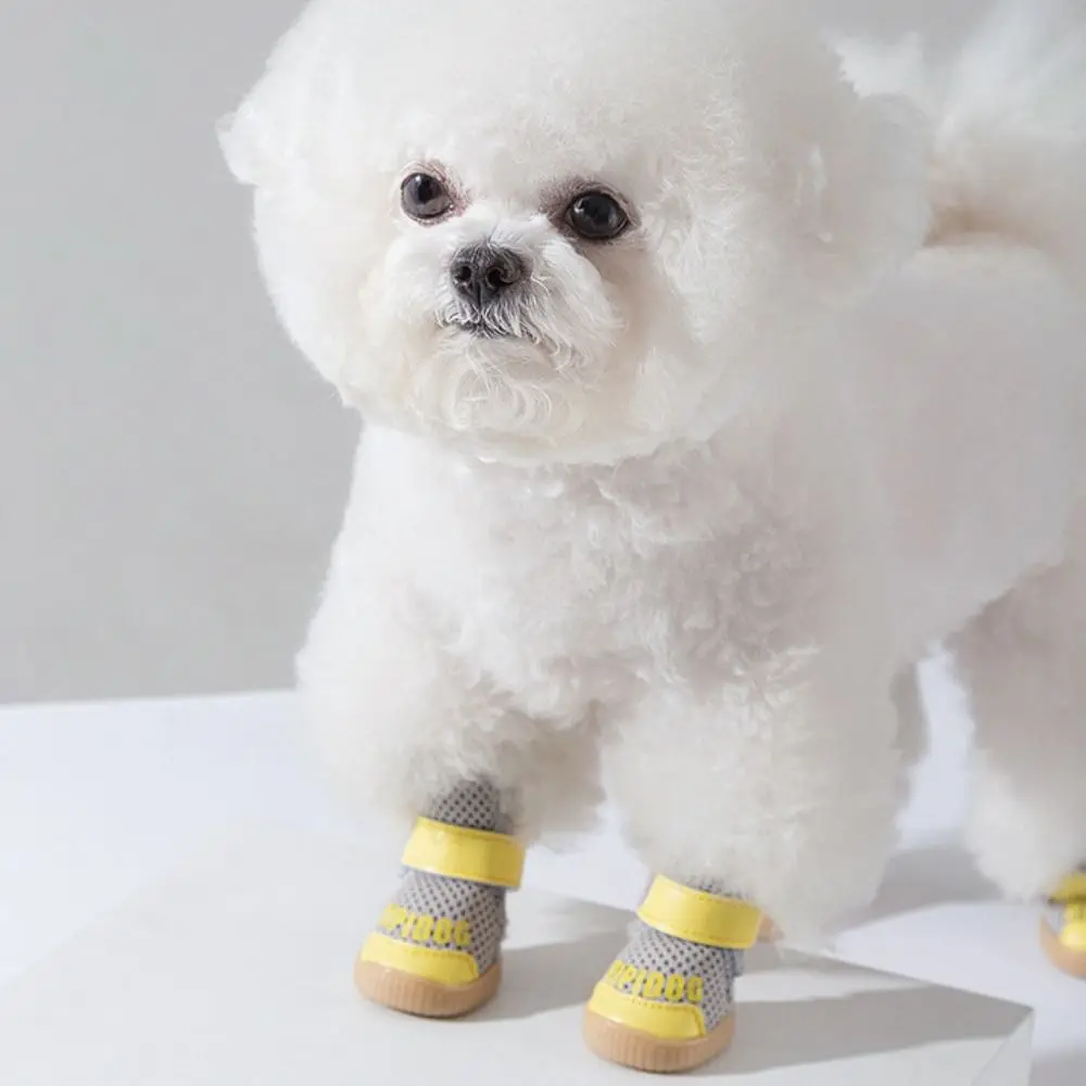 4pcs/set Dog Going Out Shoes Wear-resistant Mesh Dog Shoes Anti-slip Anti-drop Dogs Boots Breathable Soft Pet Sneakers Spring