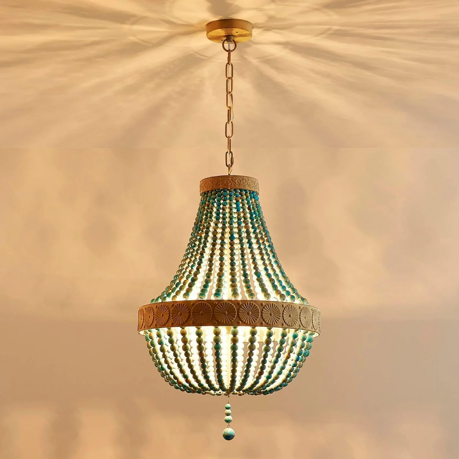 Boho Blue Wooden Beads Chandelier Living Lighting French Bedroom Wood Bead Chandeliers Hanging Light Vintage Dining Room Lamps
