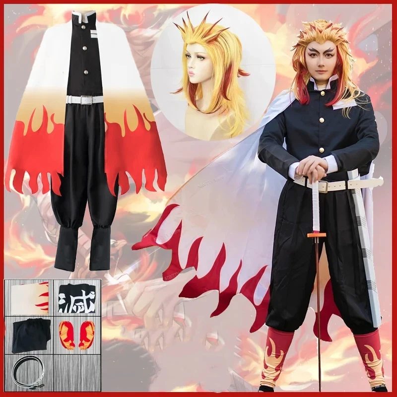 Image of 2026 Neue Rengoku Kyoujurou Outfits Anime Cosplay Slayer Kostüm Erwachsenen-Perücke Kimono Uniform Yaiba Partykleidung