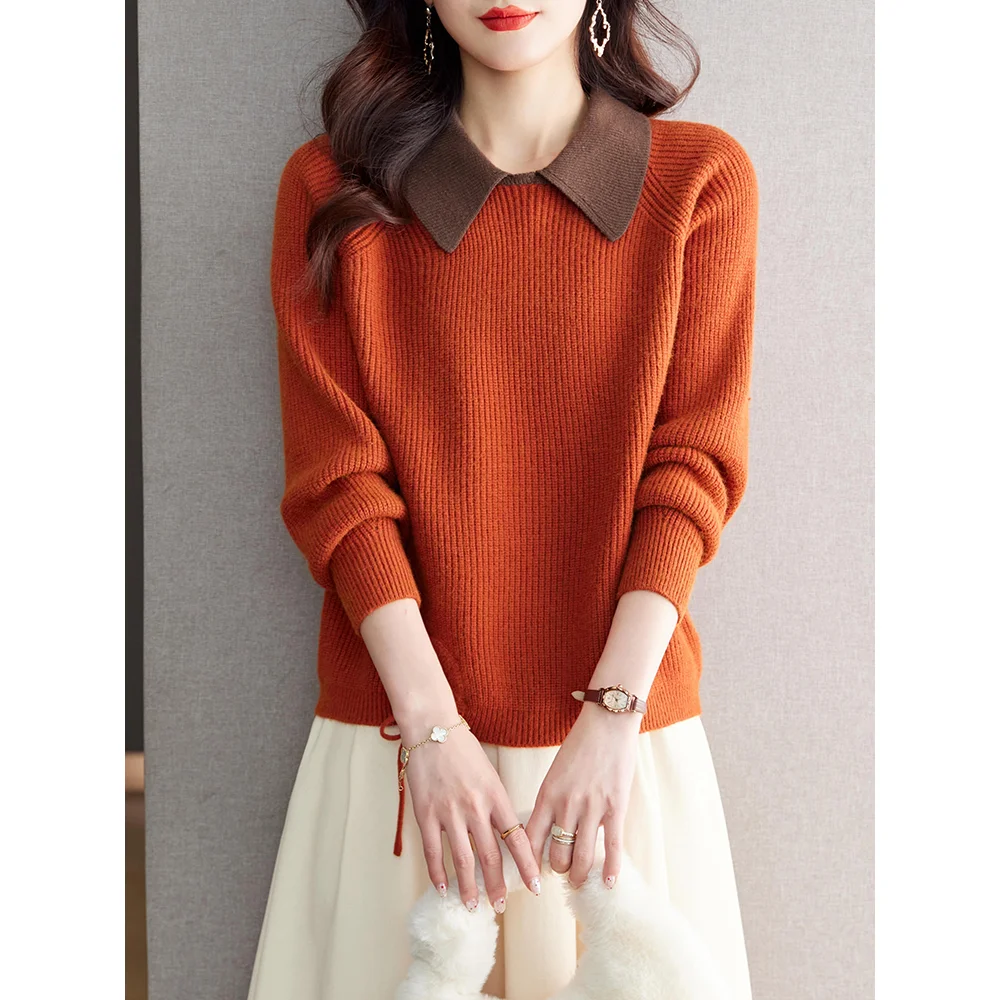 

Doll Collar Long Sleeve Contrasting Sweater for Women Short Autumn and Winter 2025 New Inner Knitted Base Shirt