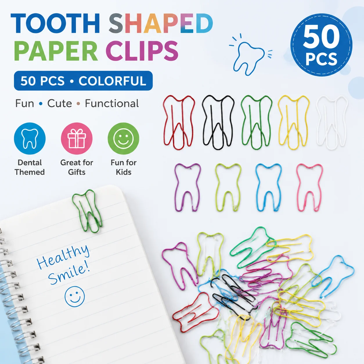Creative Paper Clip Tooth-Shaped Metal Clips Bookmark Marking Label 50pcs Dental Color Binder Clip Office Clinic Office Supplies