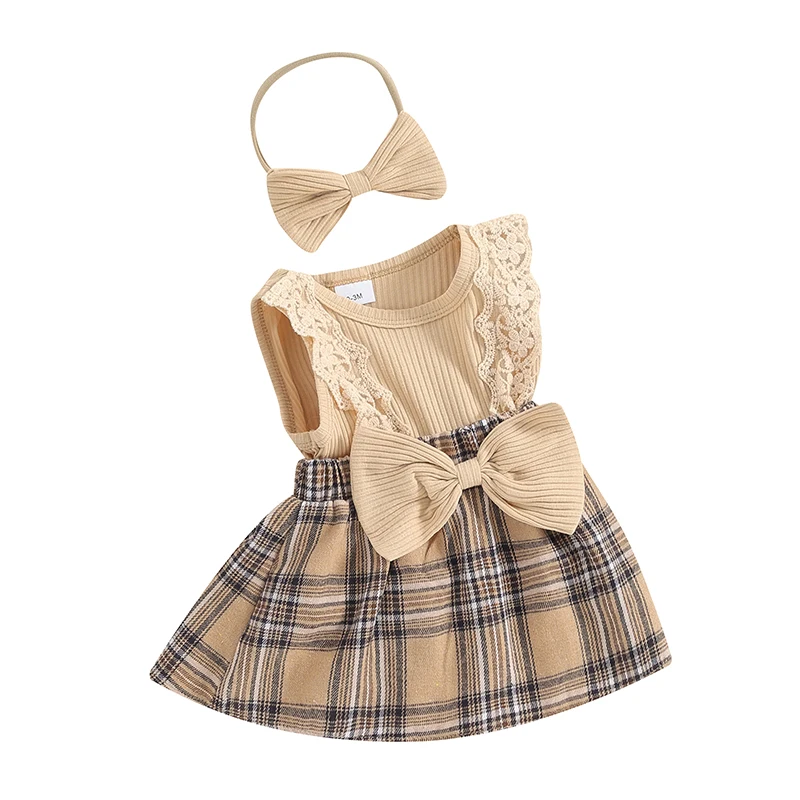 

Baby Girls Rompers Dress Lace Fly Sleeve Bowknot Plaid Skirt Hem Infant Bodysuits Summer Clothes with Headband