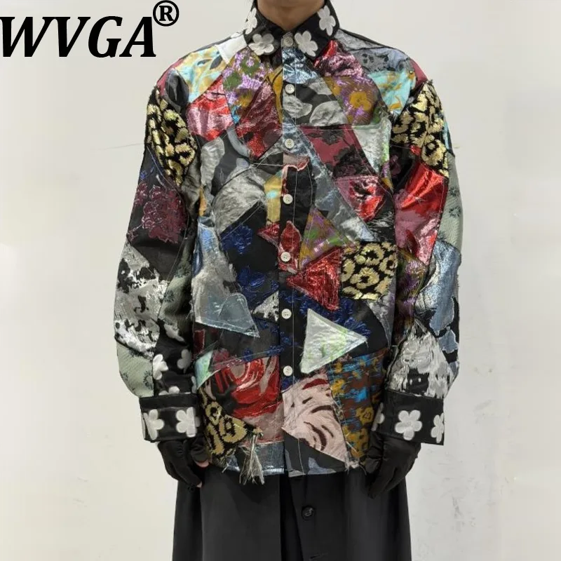 WVGA Spring Autumn New Men Vintage Patchwork Printed Trendy Long Sleeve Shirt Loose-fit Design Niche Chic Casual Tops Ins W27896