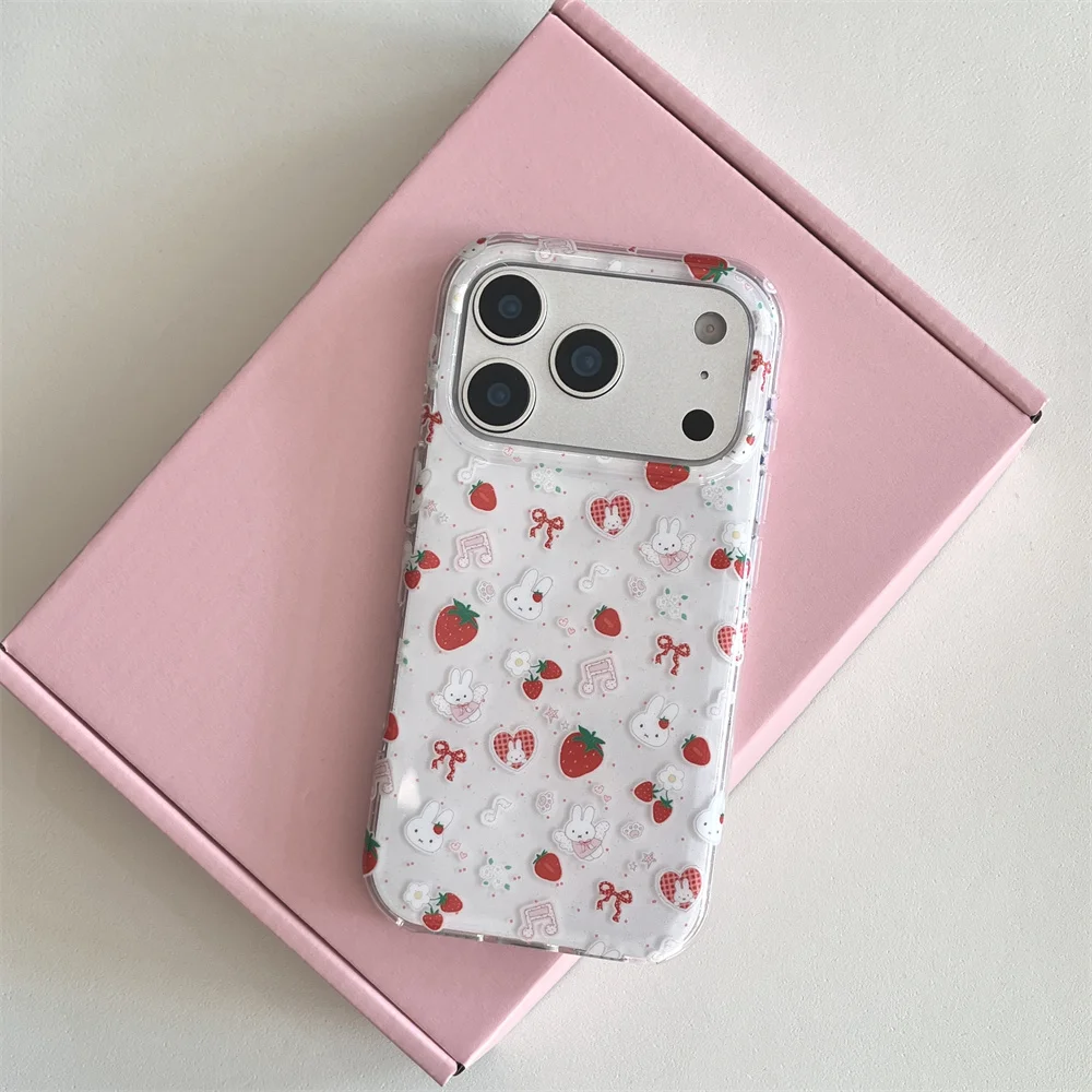 Niedliche Erdbeer-Kaninchen-Handyhülle für iPhone 17 14 15 Pro 16 Pro Max – Polka Dots Cartoon Stoßfeste Schutzhülle mit Scharnier – Detail 7