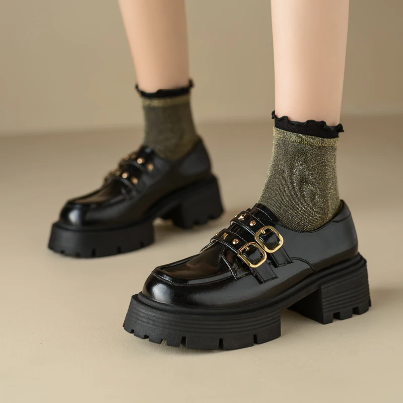 

Loafers Women Genuine Leather Studded Round Toe Chunky Heel Deep Cutout Chic Comfortable Fashion Shoes