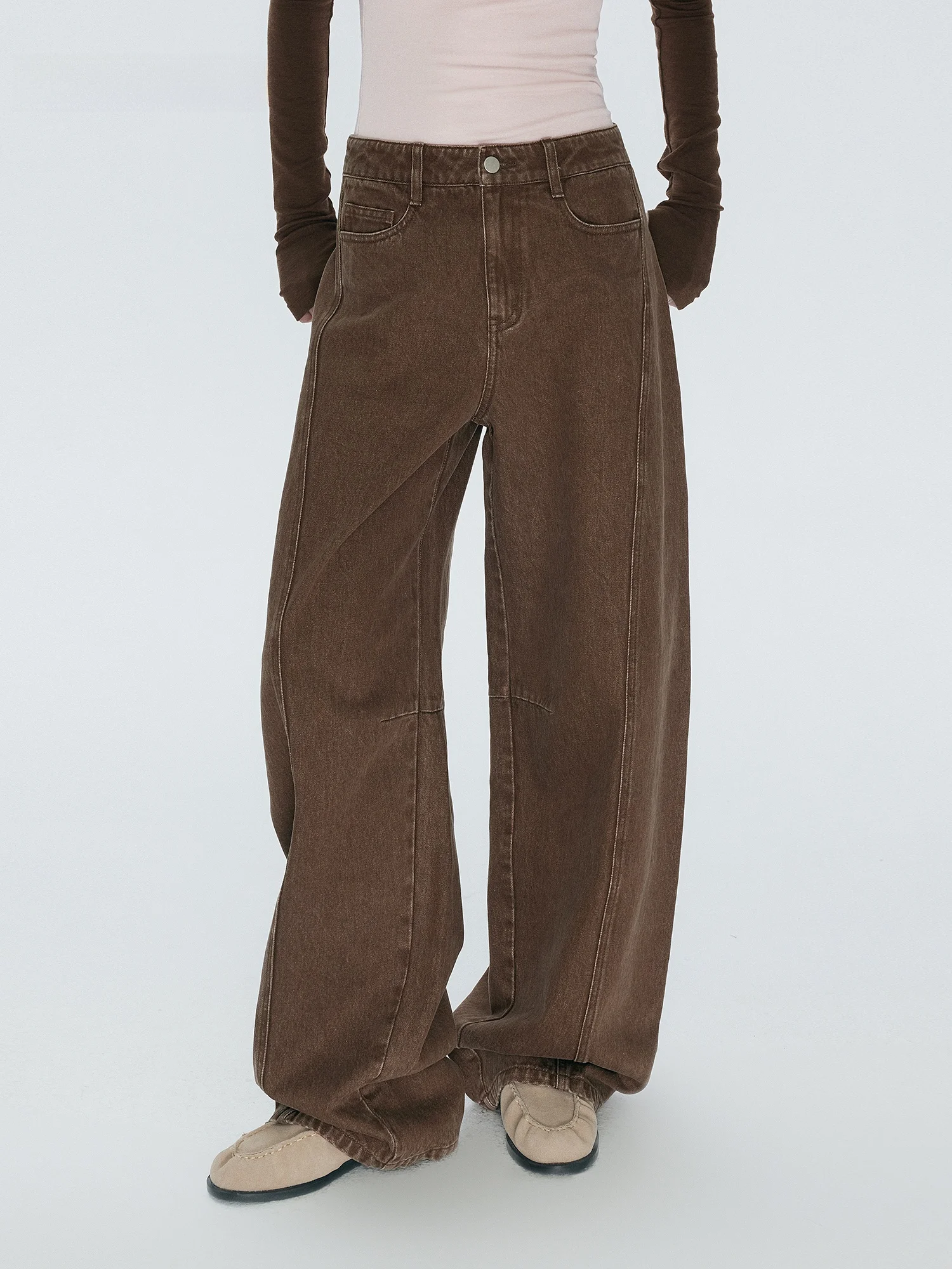 

Annachic New Relaxing Feelings Knife Wide Leg Denim Banana Pants Casual Style Natural Waist Cotton Blend Zipper Closure
