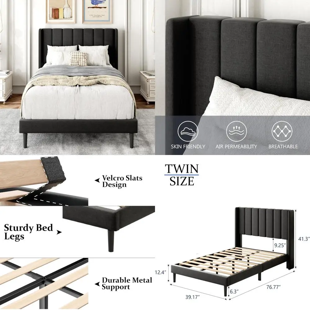 

Twin-Sized Upholstered Wingback Headboard Bed Frame, Easy Assembly Wooden Platform Bed with Slat Support, No Box Spring Required
