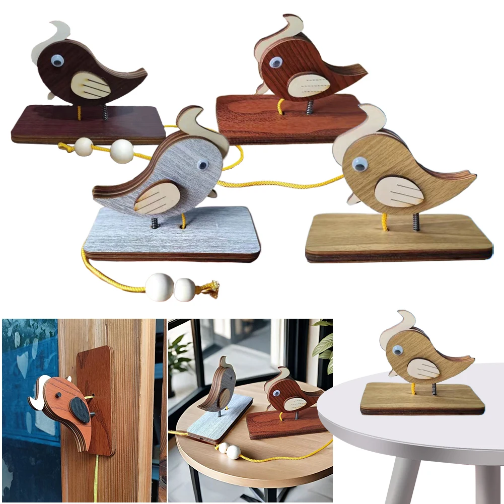 Wooden Woodpecker Door Bell with Pull Rope Manual Woodpecker Knocker Vintage Bird Shape Doorbell Home Office Entrance Decoration