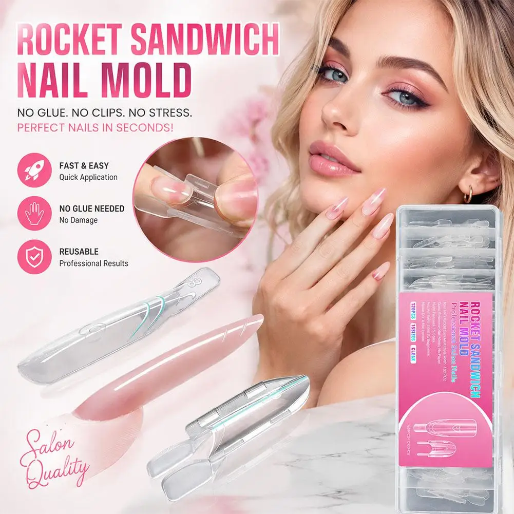 2026 New Sandwich Dual Nail Forms 120pcs 15size Rocket Shape Full Cover Top & Bottom Mold For Nail Art Extension Manicure Kit