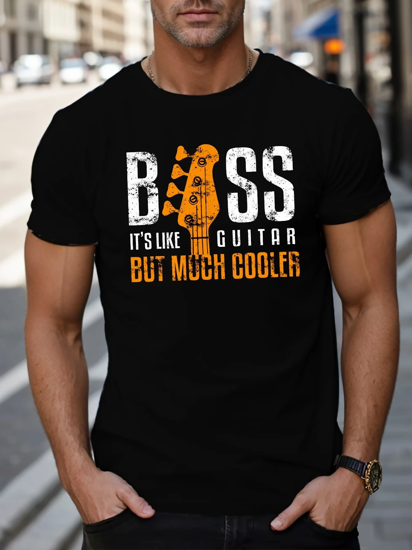 

BASS IT'S LIKE GUITAR BUT MUCH COOLER с буквенным принтом, повседневная мужская шея с круглым вырезом и короткими рукавами, быстросохнущая, удобная