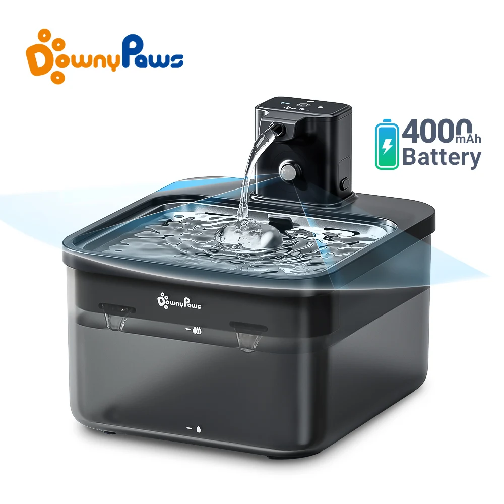 DownyPaws-fuente de agua automática de acero inoxidable para gatos, dispensador 2 en 1 de 2.5L, 4000mAh, color negro, inalámbrico, bebedero para