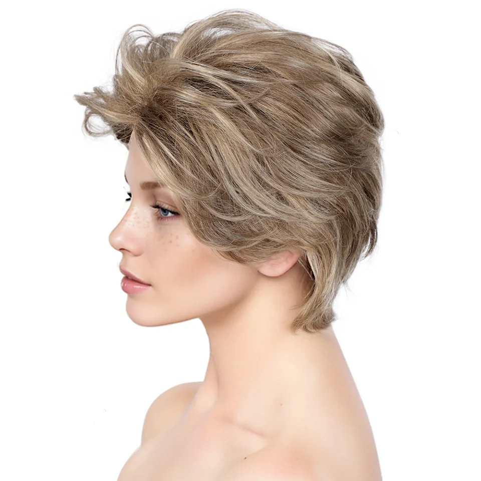 Synthetische goldgelbe kurze Bob Pixie Cut Echthaar Perücken für Frauen Echthaar gemischte synthetische Faser