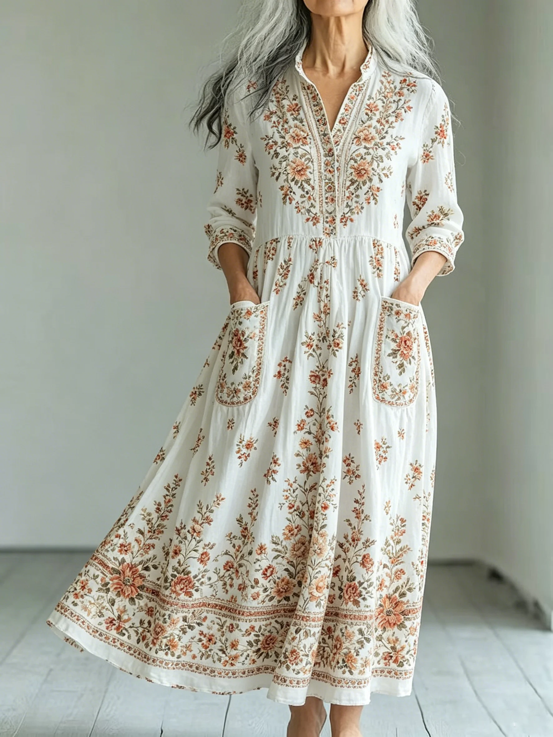 

Women Retro Pastoral Floral Printed Maxi Dress Chic Crew Neck Long Sleeve Bohemian A-Line Dress with Pockets for Female Dresses