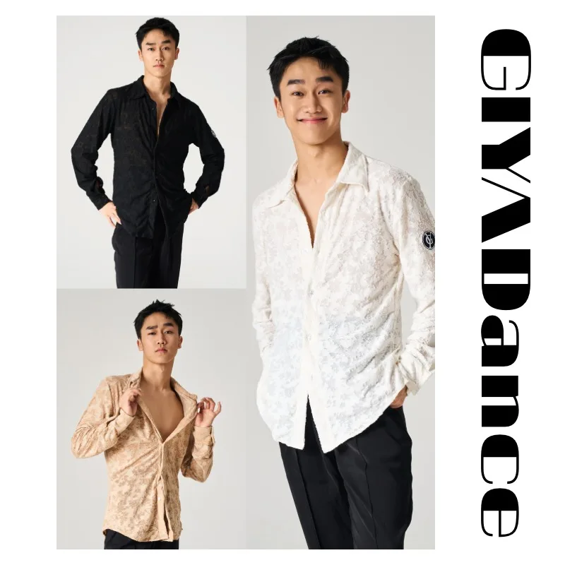 

Мужская трехцветная рубашка GIYA с цветочным принтом и лацканами по индивидуальному заказу, топ для латинских танцев, тренировочный наряд для выступлений