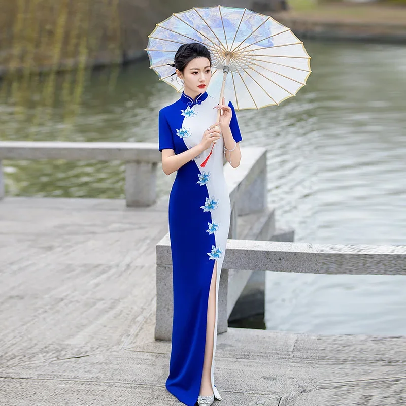 

Sexy Long Cheongsam Young Style 2025 New Slim Performance Dress Elegant Blue And White Qipao Dress