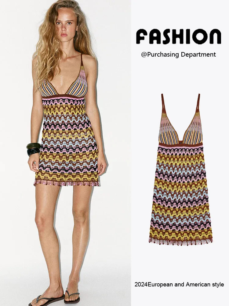 

Summer 2025 New Women's Faionable Print Svel Knitted ort Dr Versatile Commute Sle Slim Fit V-Ne Mid-Length D...