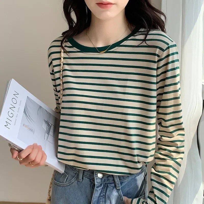 

Women New Striped T-shirts Long Sleeve O-neck Contrast Tops Spring Autumn Fashion All-Match Tees Cotton Casual Bottoming Shirts