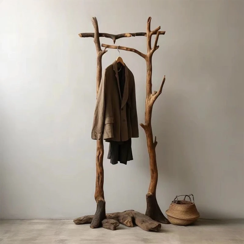 

Solid wood coat rack wabi-sabi wind floor-to-ceiling homestay retro style log clothes pole