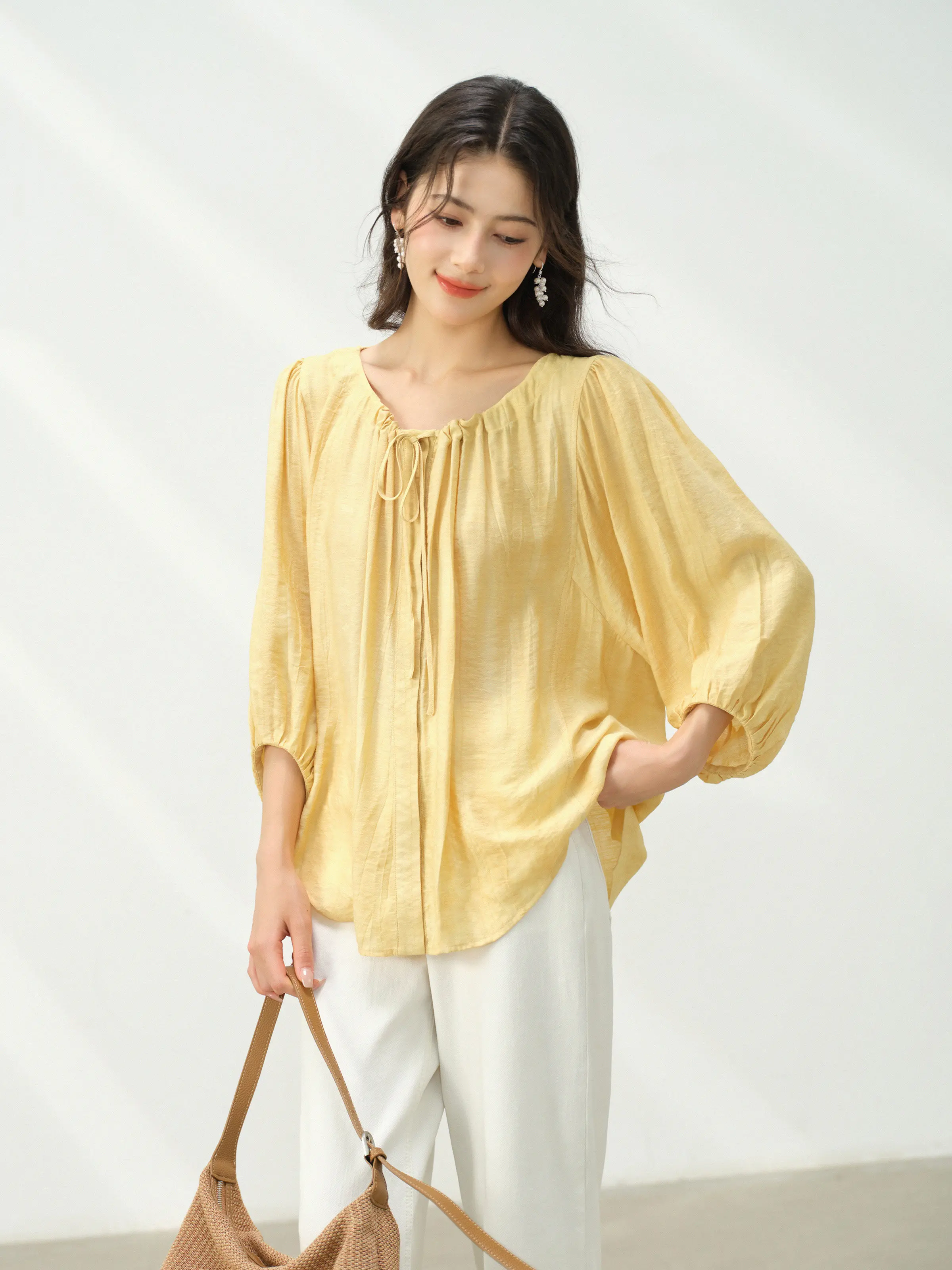 Lady Spring Loose Fit Babydoll Shirt Lantern Sleeve Tie Front Blouse Casual Comfy Flowy Top for Women Daily Office Streetwear