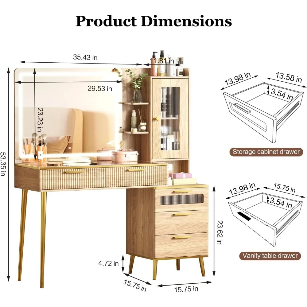 Meja Rias Modern Besar 47,24" dengan Cermin dan Lampu, Meja Rias dengan Cermin Berlampu HD 29,53", Meja Rias Rias