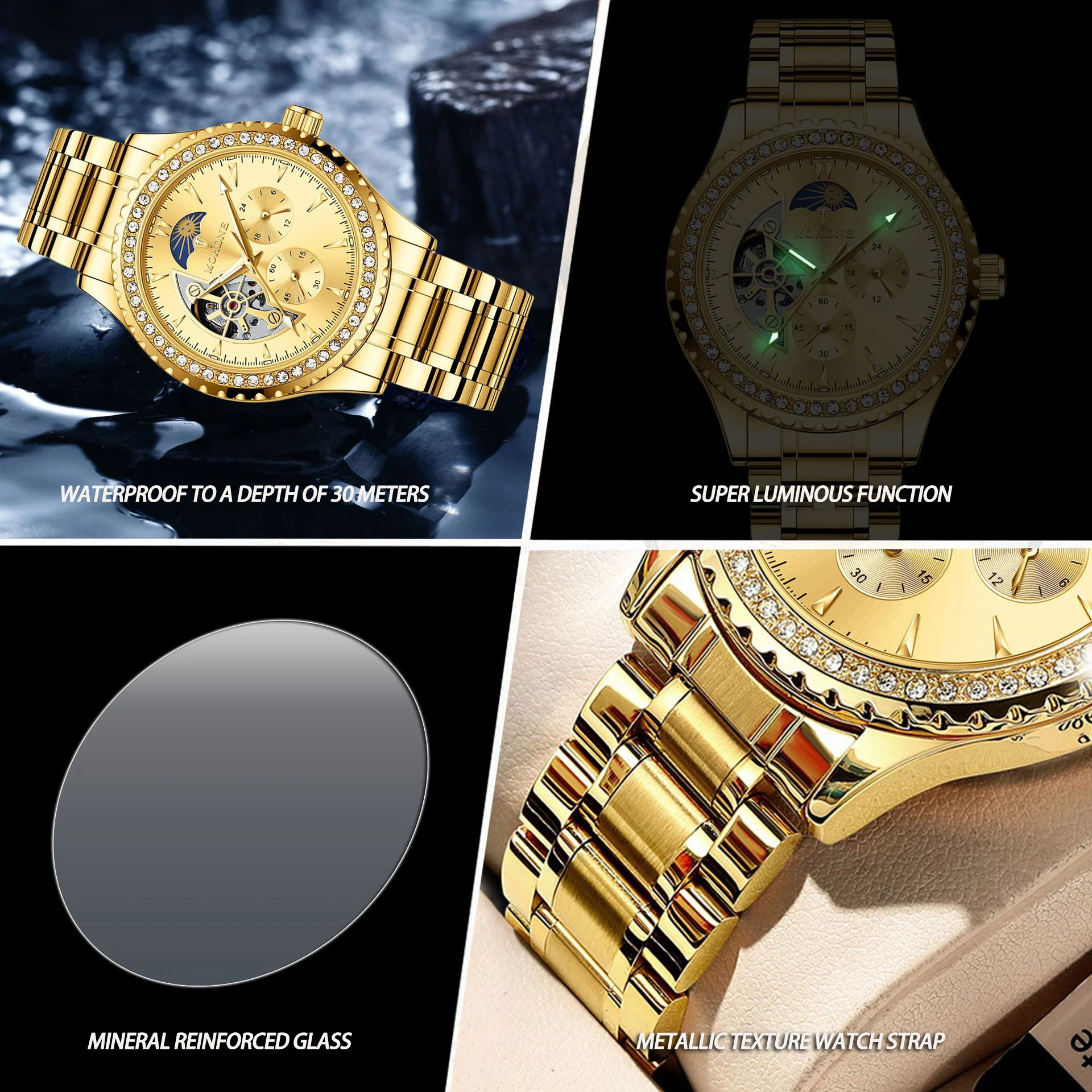 UTHAI M34 Orologio da uomo alla moda con diamanti tempestati di diamanti impermeabile luminoso scavato orologio meccanico completamente automatico, orologi da uomo