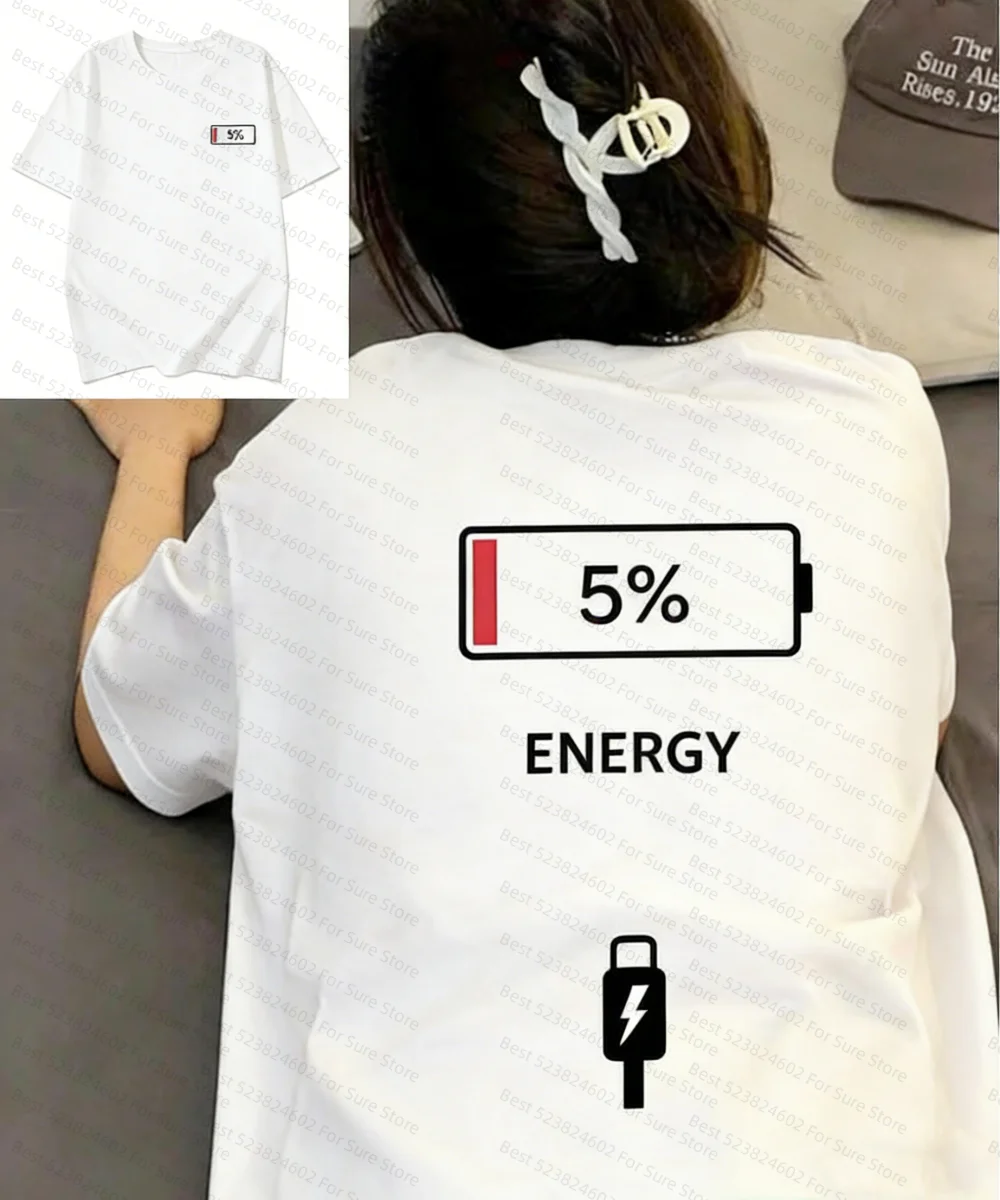 Couple Matching 5% Low Battery Energy Print T-Shirt Plus Size Cotton Short Sleeve Tee for Women t-shirt Men Tshirt Summer Tops