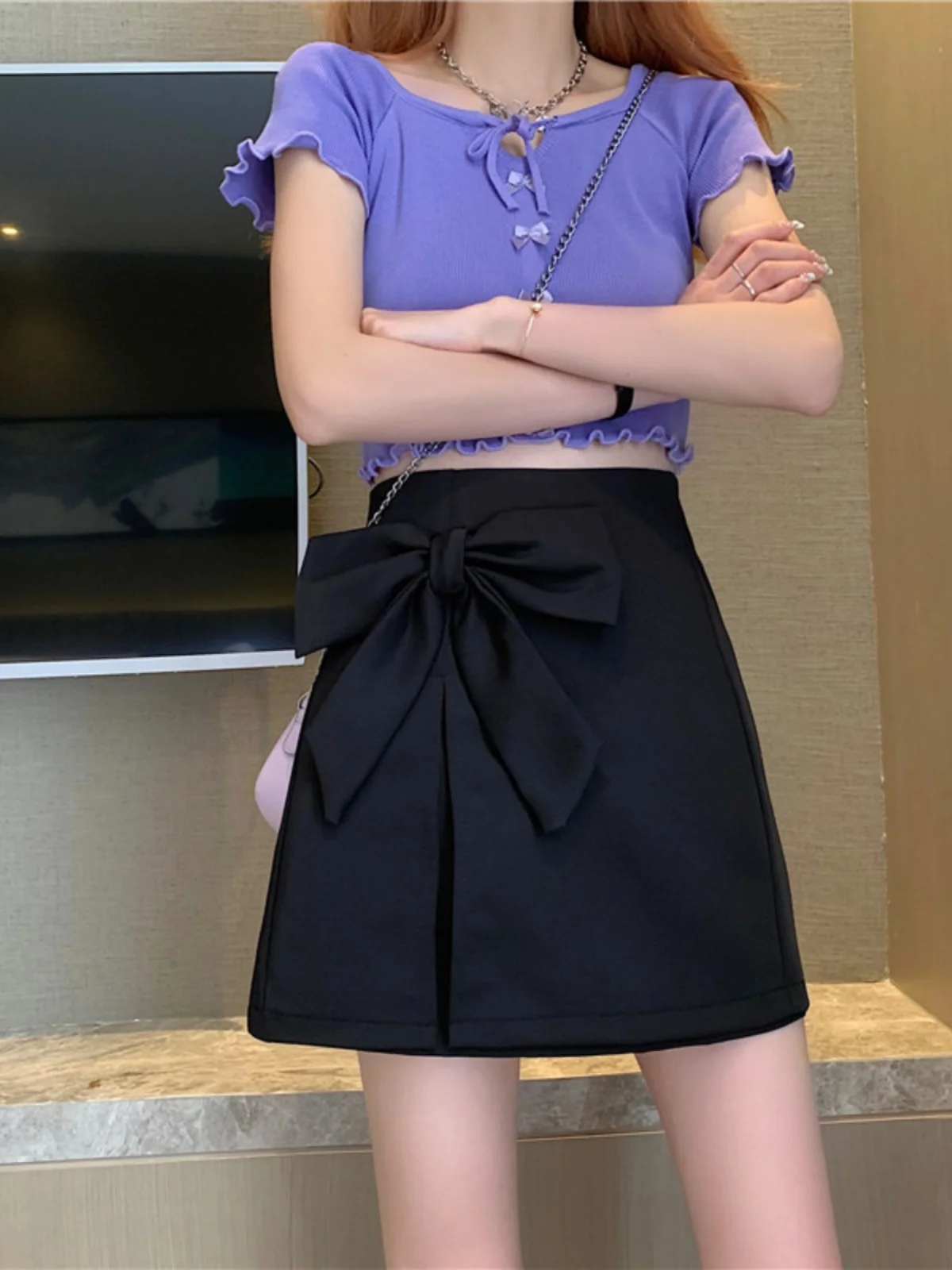 تنورة نسائية صيفية كبيرة الحجم عالية الخصر بفيونكة حلوة جديدة تنورة أنيقة بمزاج على شكل حرف a تنانير كورية متعددة الاستخدامات لتقليل العمر