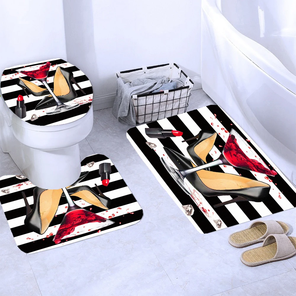 Fashion High Heels Shower Curtains Set Waterproof Polyester Fabric Bathroom Curtain Toilet Lid Cover Bath Mats Non-slip Carpet