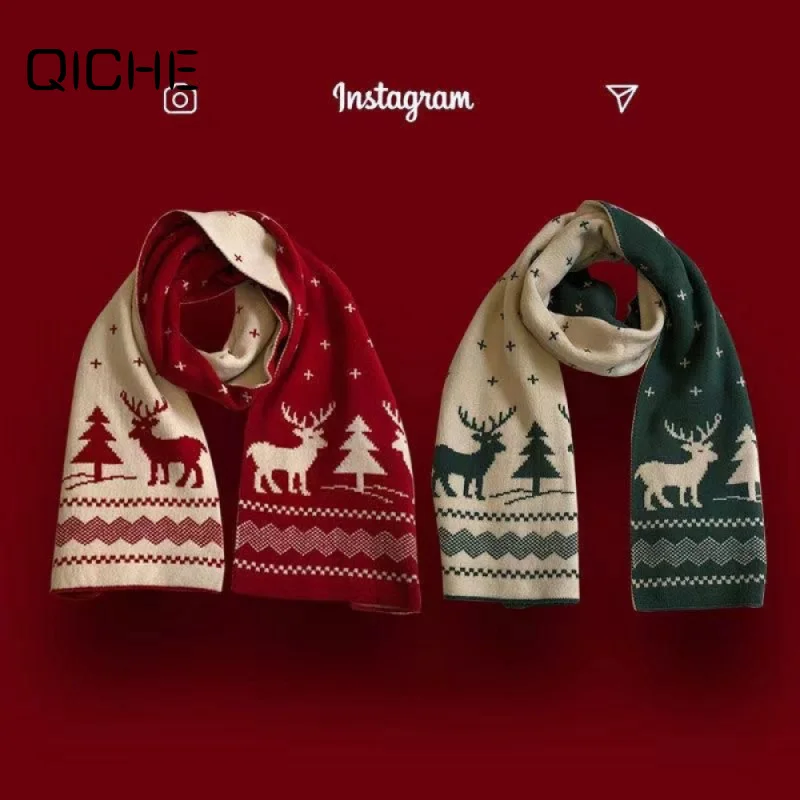QICHE Women Christmas Deer Scarf, Korean Style Cute Elk Red Knit Neck Warmer, Winter Warm Student Scarf for New Year