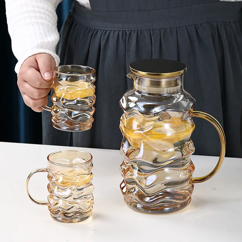 2L Amber Glass Cool Kettle Explosion-Proof Nordic Creative Household Large-Capacity Flower Teapot Cold Bottle and Water Cup Set