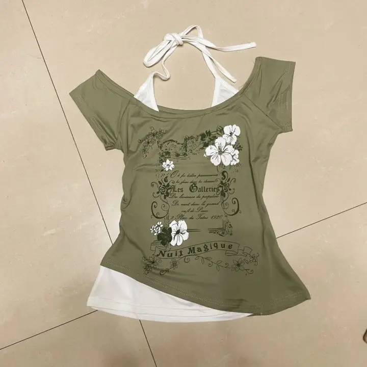 Spring/Summer 2024 New Y2K Millennial Vintage Floral Alphabet Print Down Shoulder Sleeves Fake Two Slim Design Sense Lace-Up Top