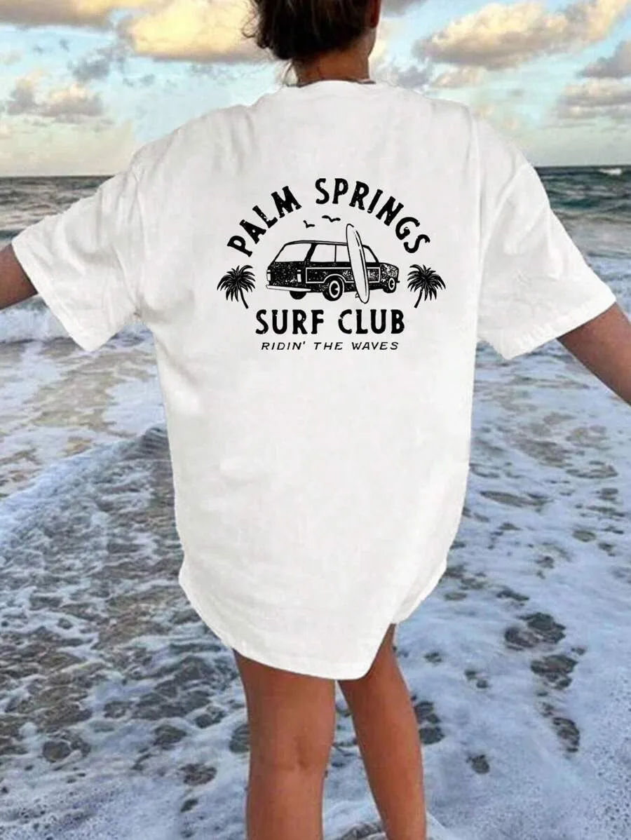 

Plus - Size Beach & Surf - themed “PALM SPRINGS SURF CLUB” Tee, White Short - Sleeve