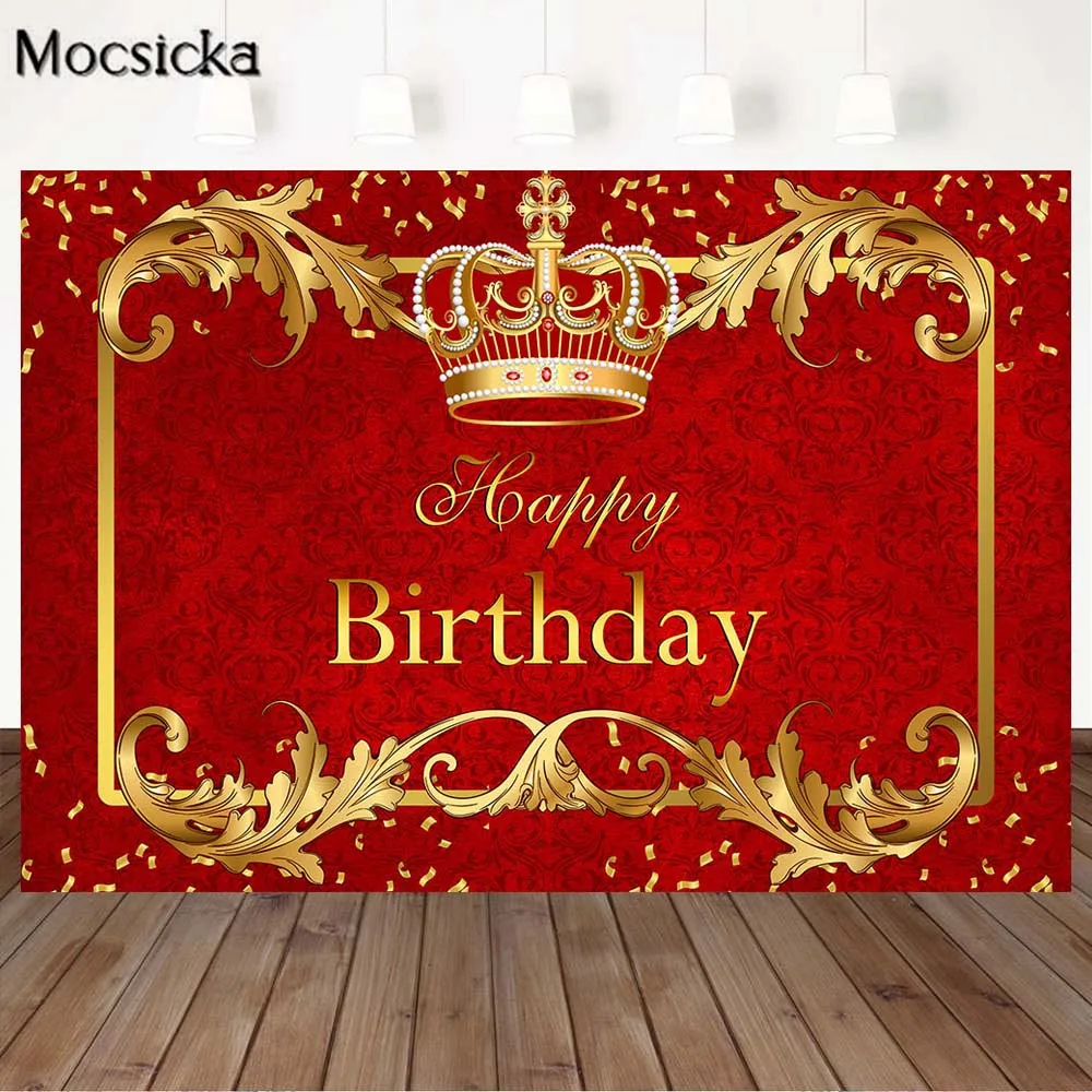 Mocsicka Red Royal Birthday Party Backdrop Decoration Gold Crown Little Prince Happy Birthday Photography Background Studio Prop