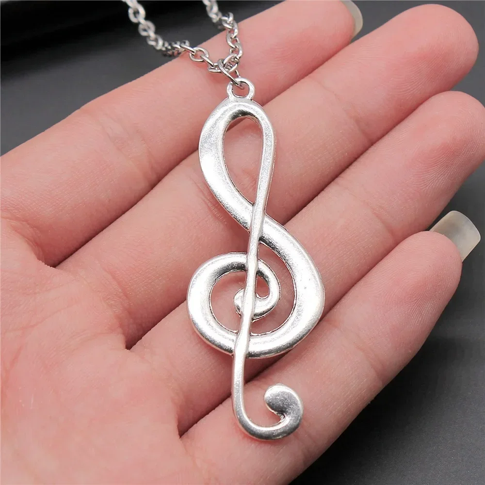 

Vintage Antique Silver Plated Musical Note Pendant Necklace For Women Men Long Chain Trendy Jewelry Gift