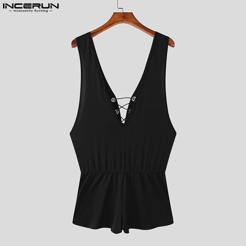 INCERUN الرجال داخلية بلون الخامس الرقبة أكمام الجوف خارج الدانتيل يصل الذكور السروال القصير Playsuits مثير الصيف ارتداءها S-3XL 2025