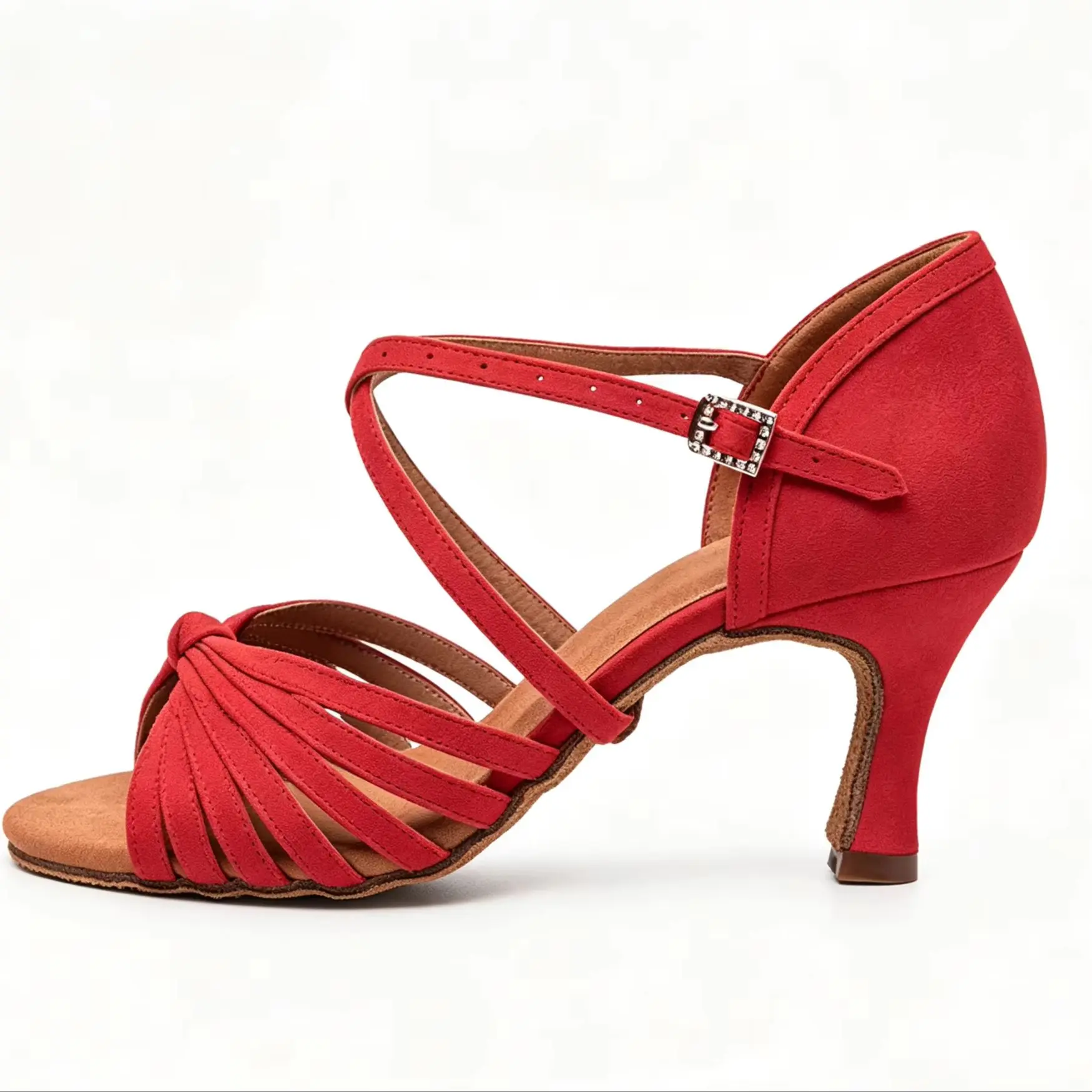Women Suede Knotted Multi Strap Latin Dance Shoes Flared Heel Suede Sole Salsa Cha Cha Rumba Competition Training Dance Sandals