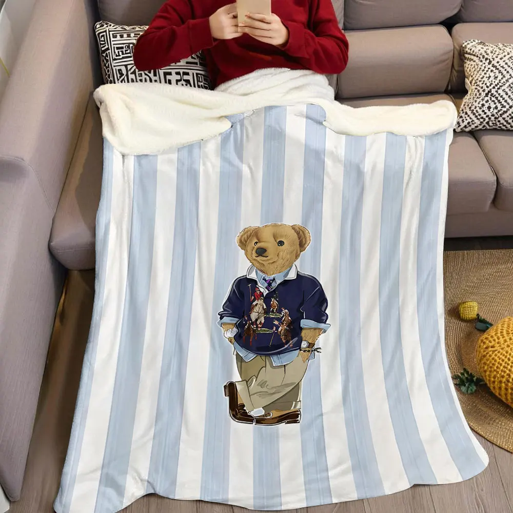 Preppy Bear Stripe Flannel Blanket Warm Soft Halloween Christmas Decorative Couch Warm Cozy All-Season Gift