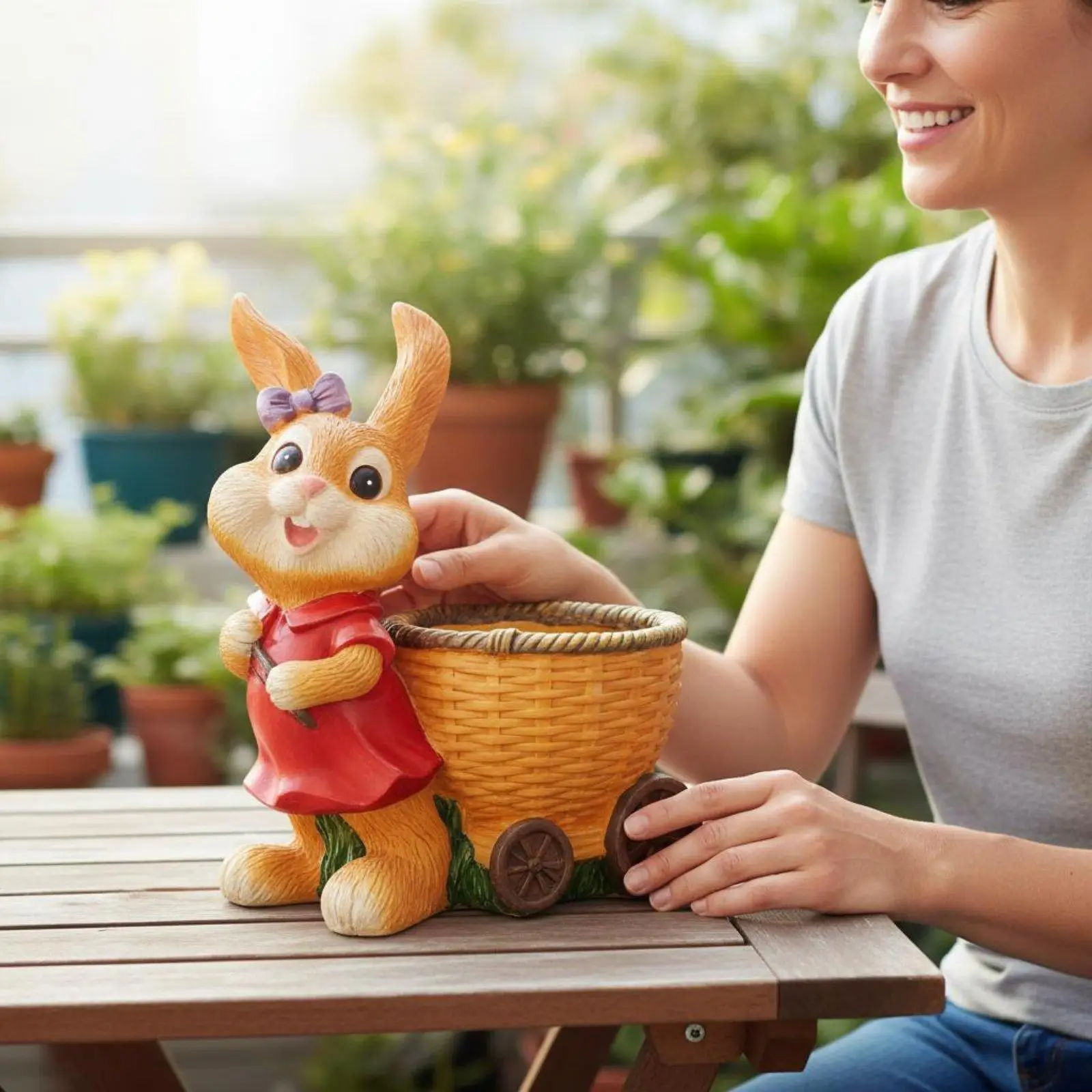 Resin Bunny Flower Pot Decorative Sculpture Garden Statue Ornament for Outdoor Lawn Spring Decoration