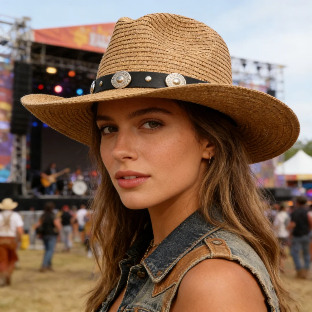 1PC Straw Western Cowboy Hat Black Leather Band Silver Concho Wide Brim Unisex Cosplay Accessory for Music Festival Western Part