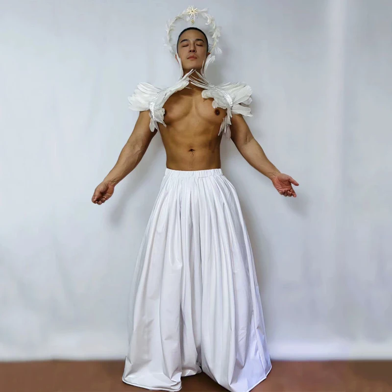 Fashion Men Sexy Pole Dance Gogo Costume White Wings Long Skirt Nightclub Ds Dj Rave Outfit Man Stage Performance Wear XS7629