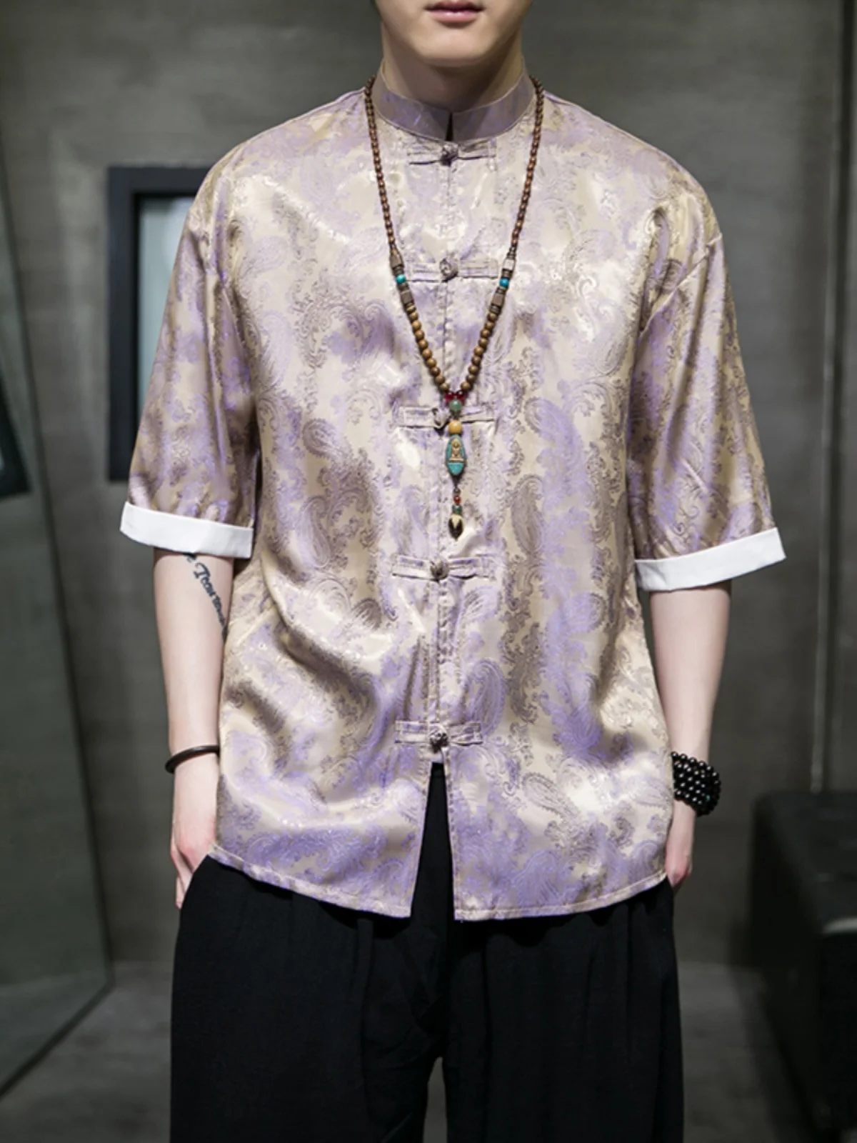 

Ice Silk ort Sve irt Men's Vintage Loose Hanfu Large Size Five Sve Trendy Summer Thin Stand Fit Button up Pure C...
